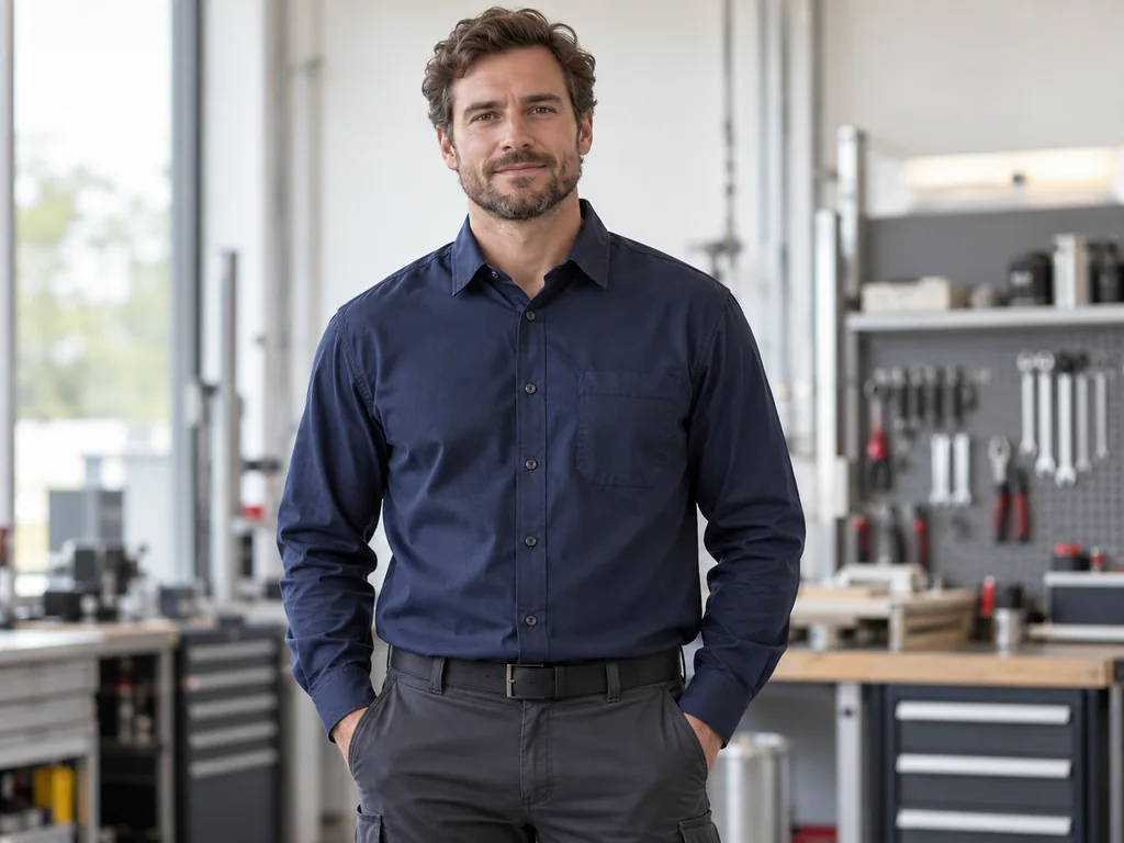 Kategorienmotiv: Herren-Arbeitshemd mit Kragen, Knopfleiste und Brusttasche