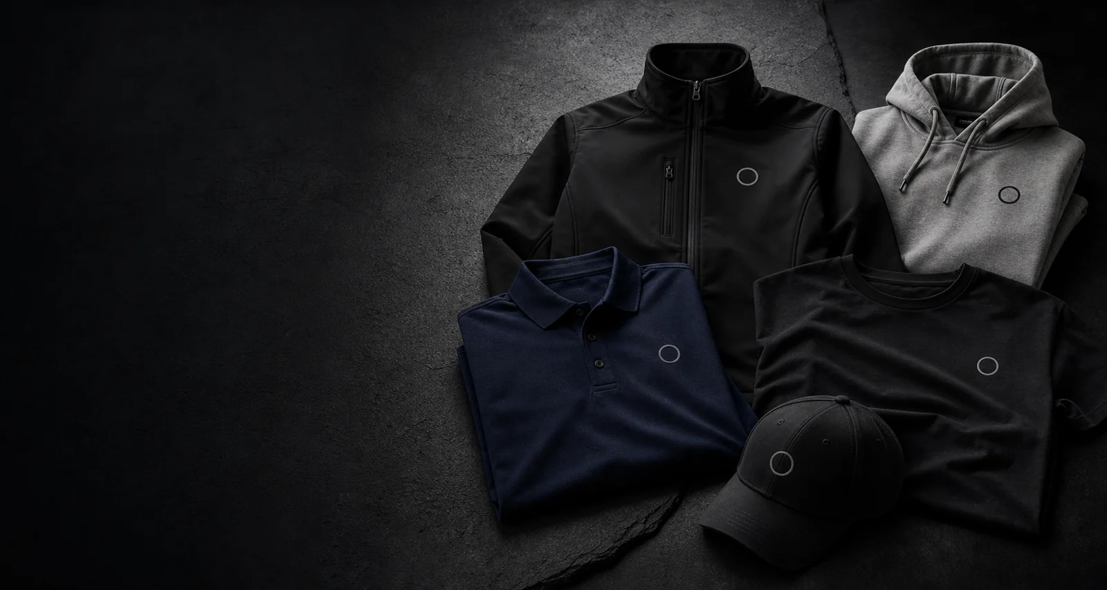 Beispielhafte Kombination aus Jacke, Hoodie, Polo, T-Shirt und Cap für einen einheitlichen Firmenauftritt